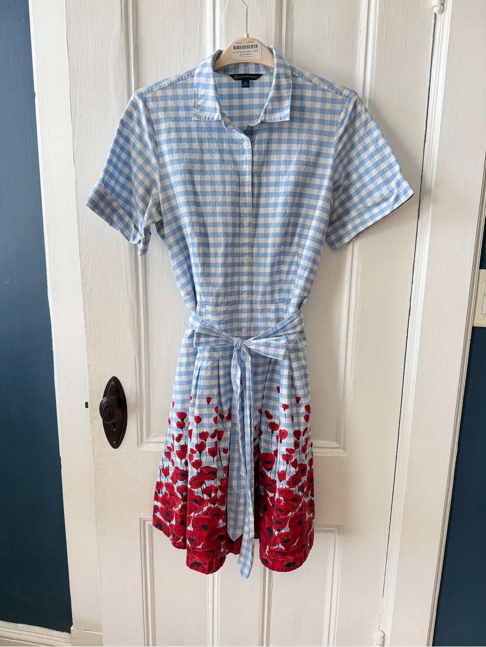 Brooks Brothers Blue and White Gingham Shirt Dress with Red Poppies Hem